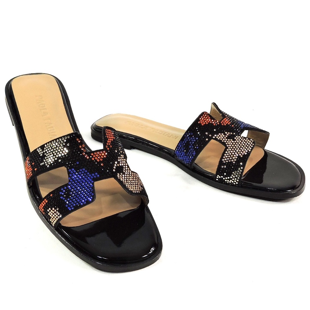 PAOLA FABIANI 🇮🇹 WOMEN'S BLACK LEATHER COMFORT FLAT MULES